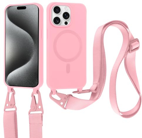 Jrkvniv Cover per iPhone 15 Pro Max con Cordino [Compatibile con MagSafe ] Custodia con Regolabile Laccio Collana Tracolla, Ultra Sottile Silicone Antiurto AntiGraffio Case per iPhone 15 Pro Max, Rosa