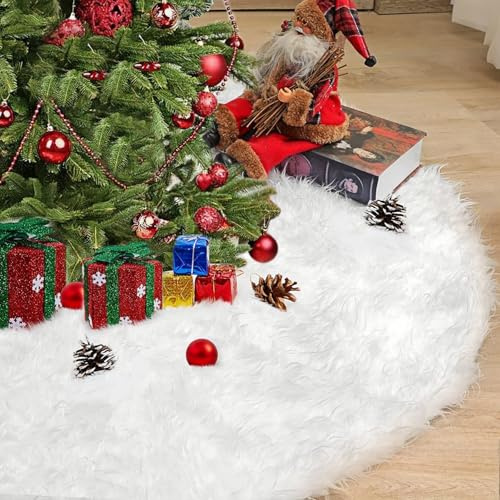 CaiTang 78cm Jupe de Sapin de Noël, Tapis Sapin Noel en Peluche Blanc Couvre Pied de Sapin de Noel, Cache-Pied de Sapin Noel Blanche pour Arbre de Noël Décorations
