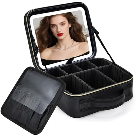 Travel Makeup Bag with Mirror Makeup Case Make Up Organiser Box with Adjustable Compartment Vanity Case Portable Cosmetic Bag Brightness in 3 Color Modes LED Light Mirror, Black