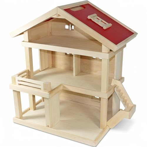 VDP Villa Freda Puppenhaus aus Holz mit 3 Etagen & Tragegriff – Puppenhaus Holz Natur rot I Puppenhaus Stadtvilla für Kinder ab 3 Jahren I großes Puppenhaus mit Fenstern und Türen