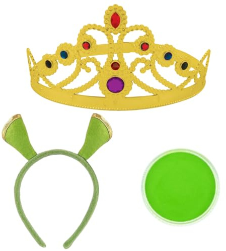 Princess Ogre Set - Ogre Ears Headband, Adjustable Tiara Crown & Green Face Paint Set – Adult & Kids Fairy Tale Fancy Dress Accessory Kit for Halloween, Cosplay & Themed Parties