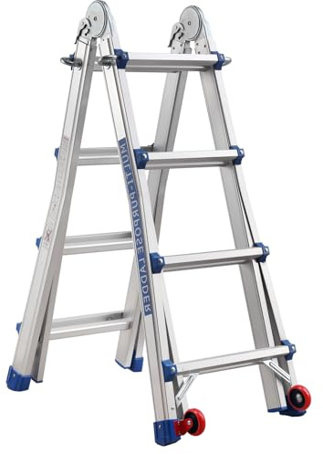 TEENO Echelle Telescopique 4M en Aluminium,Escabeau 4x4 Marches, Structure Renforcée Marchepieds Escamotables, Echelle Escamotable avec Détachable Roues, Charge Max 150kg