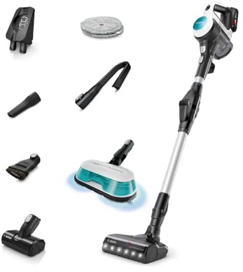 Bosch Unlimited 7 Aqua BCS72HYGGB Cordless Vacuum cleaner with additional 2in1 Vacuum and Mop head, Pet Turbo Nozzle, Flex Tube, 2 x Interchangeable 18 V Batteries, 80 minutes run time - White