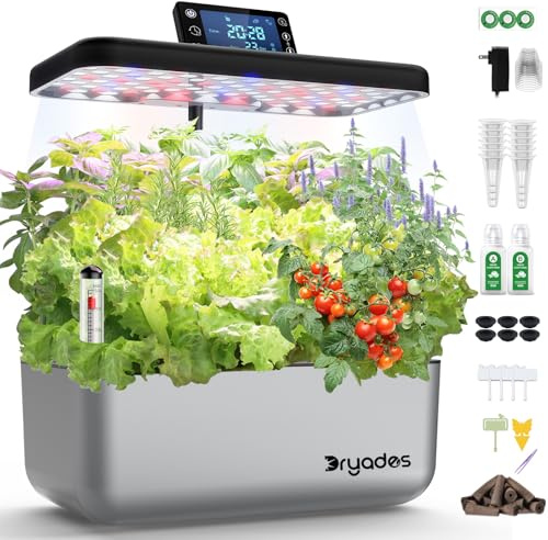 DRYADES Hydroponic Growing System Kit 12 Pods, Smart Herb Garden with 24W Full Spectrum LED Grow Light, Indoor Garden Planter for Home/Office/School (Silver)