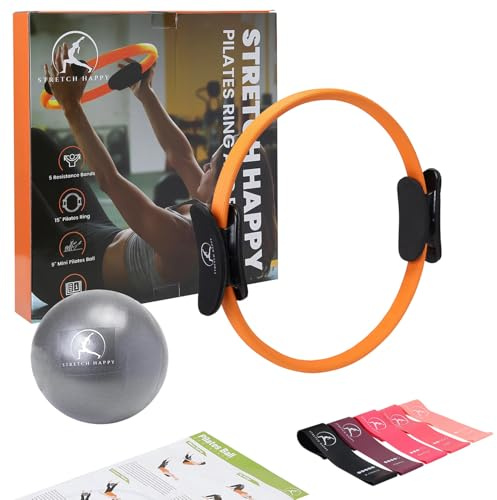 Stretch Happy Pilates 15 Ring & Ball Set - Yoga Fitness Magic Circle, Mini Ball & Resistance Bands. FREE Guide. Resistance Workout, Muscle Toner, Pelvic Floor Exerciser, Abs & Thigh Strengthener