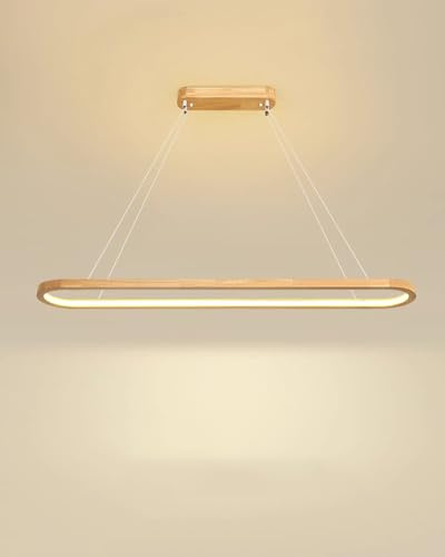 Dimmbar Esstisch Hängelampe LED Pendelleuchte Holz Esszimmerlampe mit Fernbedienung, Moderne Hängeleuchte, Esstischlampe hängend Höhenverstellbar für Wohnzimmer Esszimmer Küche Lampe (Holz, A-120CM)