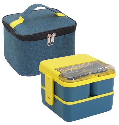 XMSHYODSM Bento Lunch Box with Compartments, 1800ML Bento Box with Insulated Bag & Cutlery, 2 Layer Leak Proof Bentos Boxs Meal Prep Container Boxs for Kids Adults School Office Picnic(Blue)