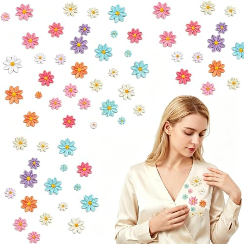 DiiWmme 72 Stück Gänseblümchen Patches Bügelflicken zum Aufbügeln | Bügelbilder Flicken mit 4 Größen (4cm/3,5cm/3cm/1,2cm) Blumen Aufnäher Bügelpatch für DIY Kleidung, Jacken, Rucksäcke, Jeans
