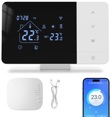 Beok Thermostat WiFi avec récepteur RF pour chaudière, Contact Sec,USB/Pile | Appli et commande vocale(Alexa, Google),Prog. 7j indép,Pour chaufferie ou sous-sol,Pose facile,3A