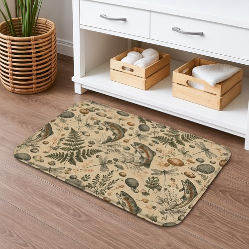 Von der Natur inspirierte, schnell trocknende Badematte, Vintage-Fische und Farne, saugfähig, rutschfest, Frühlingsdekor, Flanell, waschbar, Badteppiche für Badezimmer, WC, Toilette, 40,6 x 61 cm