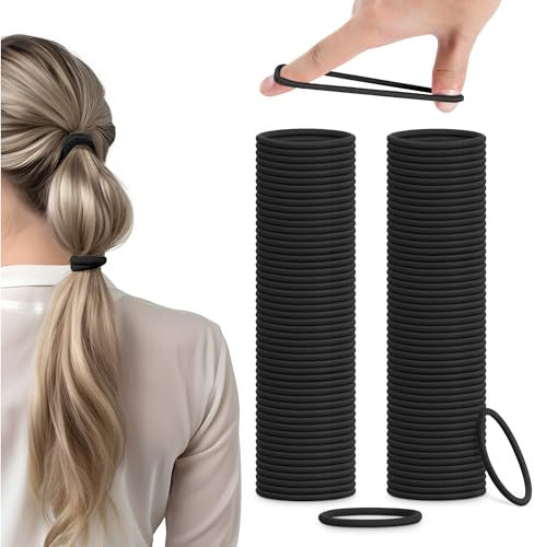 H&S Haargummi Set für Mädchen Damen und Herren schwarz - 100 Stück Zopfgummis 4mm klein - dünne Haargummis - weich und elastisch - ohne Metall - für alle Haartypen