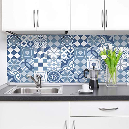 Crédence adhésive cuisine PVC 260_x_60_cm Carreaux de ciment bleu Rouleau adhesif decoratif 100% fabriqué en Italie, avec encre non toxique, ignifuge et résistant à l'eau