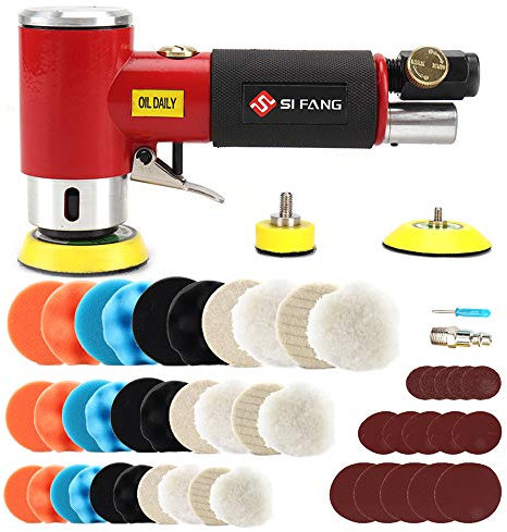 SI FANG 48 mini lijadoras de aire de 1, 2 y 3 pulgadas, pulidora orbital aleatoria de alta velocidad para trabajo corporal automático, incluye esponja de pulido de 1/2/3 pulgadas y almohadillas de