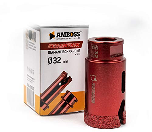 Amboss RED Edition M14 - Corona diamantata per smerigliatrice angolare in gres porcellanato, piastrelle dure, granito/corona di perforazione a secco ideale (Ø 32 mm)