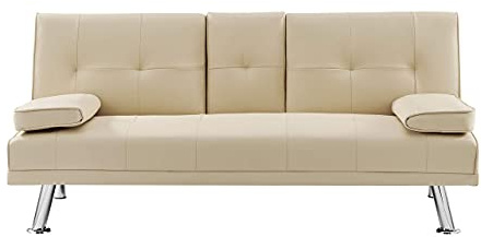 Bravich Manhattan Sofa Bed, 2 Seater Faux Leather Click Clack Settee, Converts to Double Bed, Folding Couch with Drinks Holder, Recliner for Living Room, Bedroom, Spare Room, Cream