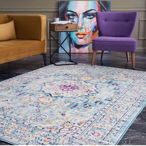 THE RUGS Multicoloured Medallion Oriental Rug for Living Room Bedroom – Medium 120x170 cm, Vintage Traditional Style