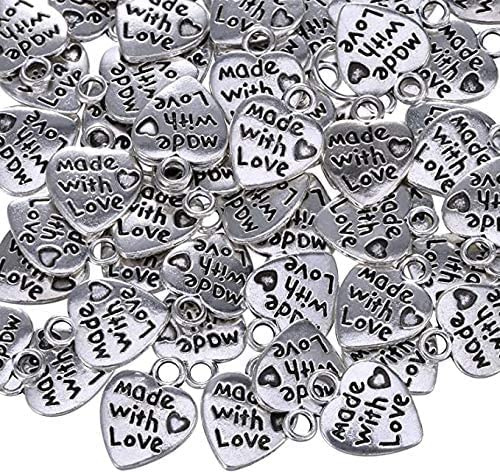 KAIAIWLUO Antique Silbern Herz Charm Made,100 Stück Anhänger Bastelbedarf Schmuck Basteln Tibetische Accessoires Made with Love Charm Legierung Liebe Antik Silber Günstig für DIY Handwerk Schmuck