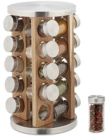 Relaxdays Gewürzkarussell, 20 Gewürzgläser, 360° drehbar, Gewürzregal HxD: 34 x 19,5 cm, Edelstahl & Holz, silber/natur