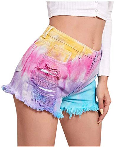 Jeans Shorts Damen Batik-Färbung Ripped Denim Shorts Süßes Fashion Kurze Hose Hippie Shorts Damen Sommer Jeans Cool Trendy Zerrissen Hotpants mit Taschen Mode Lounge Sport Shorts, Farbige
