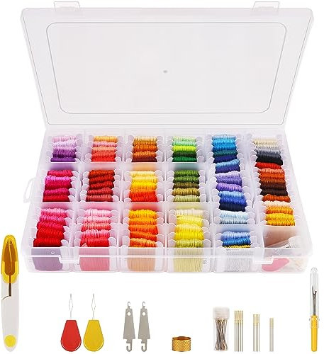 Handi Stitch 148-Teiliges Stickgarn Set - Kreuzstich Set mit Transparenter Stickgarn Aufbewahrungsbox aus Kunststoff - 110 Fäden auf Papierspulen - Garn für Freundschaftsbänder & DIY-Handwerk