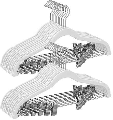 SONGMICS Grucce Pantaloni con Pinze, 20 Pezzi, Grucce Appendiabiti in Velluto, 42,5 cm, Appendini con Pinze Regolabili, Salvaspazio, Antiscivolo, per Gonne, Cappotti, Bianco CRF012W20