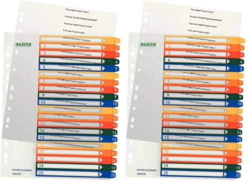 Leitz Register für A4, PC-beschriftbares Deckblatt und 20 Trennblätter, Taben mit Zahlenaufdruck 1-20, Überbreite, Weiß/Mehrfarbig, Polypropylen, 12960000 (Packung mit 2)