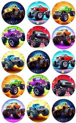 15 x Monster Truck Mix Edible Wafer Card Cupcake Toppers Cake Party Decorations