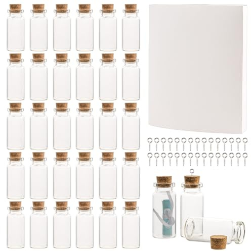 30 Stück Mini Glasflaschen mit Korken, 10ml Kleine Glasflaschen mit Korken | Mini Glasfläschchen Set mit Metallschraubhaken, Geschenk Glasfläschchen, für DIY, Hochzeitsdeko, Vorratsglas