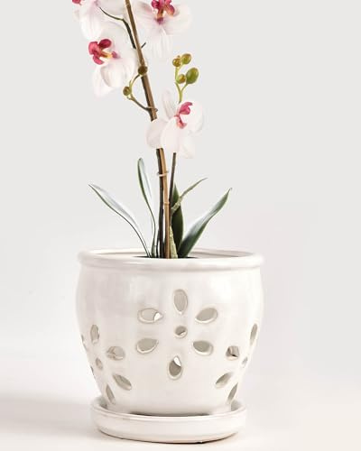 vensovo Pot à orchidée en céramique avec Trous et Soucoupe Blanc 13 cm | Petit pot en céramique pour orchidées et plantes grasses avec trous d'aération pour favoriser la circulation de l'air à