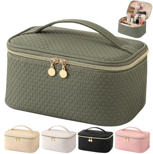 Bestash Kulturtasche Damen,Wasserdichter Reise Kosmetiktasche,PU Leder Make Up Tasche,Schminktasche Groß Mit BüRstenfach,Kulturbeutel Organizer Tragbare Make Up Bag （Matcha-Grün）