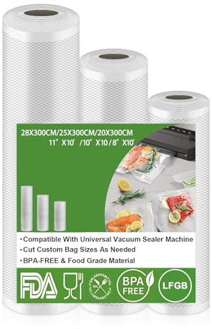 SXCCNW Vakuumierbeutel, 3 Rollen Vakuumrollen, Vakuumierfolie Vakuumbeutel Lebensmittel Profi- Folienrollen für alle Vakuumierer, BPA-Frei, Wiederverwendbar 25/28/30 x 500 cm, YHDM-221