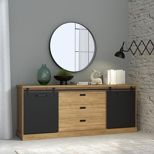 Forte KASZIMIRO Sideboard mit 3 Schubladen und 2 Türen, Holzwerkstoff, Waterford Eiche/Schwarz, B x H x T: 213,4 x 88,2 x 52 cm