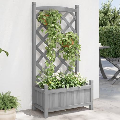 Gecheer Pflanzkübel mit Spalier Gartenspalier Rankgitter Rankhilfe Pflanzkasten Blumenkübel Hochbeet Blumenkasten Grau Massivholz Tanne