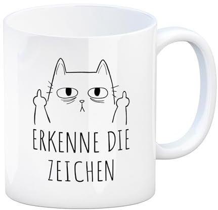 Katze mit Mittelfinger Kaffeebecher mit Spruch Erkenne die Zeichen Kollege genervt im Büro Katze mit Stinkefinger Fuck you Tasse Abschiedsgeschenk