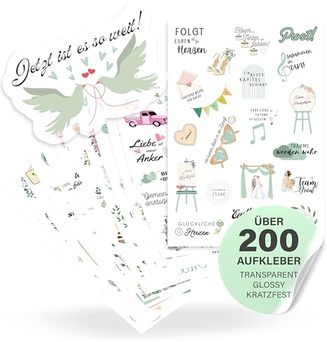ECCK Sticker Hochzeit Gästebuch (12 DIN A5 Bögen), Hochzeitssticker Set mit Aufkleber Hochzeit für Gästebuch, Tischkarten, Scrapbook & Fotoalbum mit Liebe, Vintage & Herz-Motiven auf Deutsch