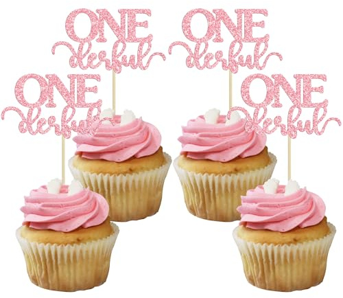 Gyufise 24Pcs Onederful Cupcake Toppers Glitter Onederful Cupcake Picks Onederful Cupcake Decorations for Baby Shower Kids first Birthday Theme Party Cake Decoration Supplies Pink