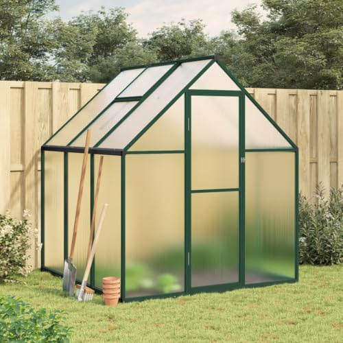 IKAYAA Gewächshaus Aluminium mit Fundament Gartenhaus Winterfest Gewächshaus Glas Glashaus Garten Tomatenhaus Frühbeet und Pflanzenhaus 169 x 169 x 195 cm Grün und transparent