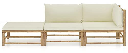 Gecheer 3-TLG. Garten-Lounge-Set mit Cremeweißen Kissen Gartenmöbel Garten Garnitur Sitzgruppe Sofa Lounge Gartensofa Fußbank FußbankSitzgarnitur Gartenset Ecksofa Mittelsofa Fußhocker Bambus