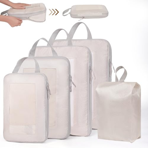 Miaglury 5 Set Compression Packing Cubes, Travel Packing Cubes for Suitcases Backpack, Expandable Travel Cubes & Compression Suitcase Organizers Bag Set with Shoes Bag for Carry On Luggage, Beige