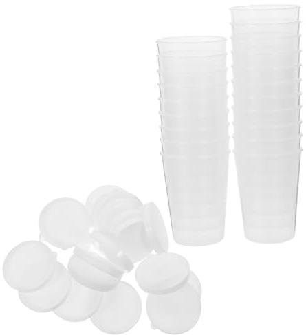 SOLUSTRE 20 Stück 50 Ml Transparente Messbecher Mit Deckel Kleine Probenbehälter Aus Kunststoff Mit Skala Präzise Flüssigkeitsmesser Für Labor Und Küche