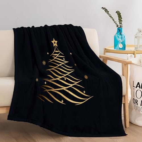 Kuscheldecke 130 x 150 cm Weihnachts Schlicht Sterne Weihnachtsbaum Sherpa Flauschig Decke Fleecedecke Wohndecken Schwarz Gold