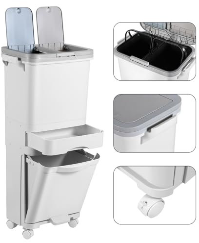 ISOISL Pattumiera da cucina a 3 scomparti, 42L, separazione umido e secco, coperchio doppio, pedale, ruote, bianco