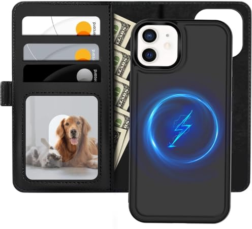 XTCASE Leder Hülle für iPhone 11 Magnetisch Kompatibel mit MagSafe, 2 in 1 Abnehmbare Handyhülle Flip Case [Kabelloses Laden] [Kartenfach] [Ständer] Klappbare Klapphülle, Schwarz