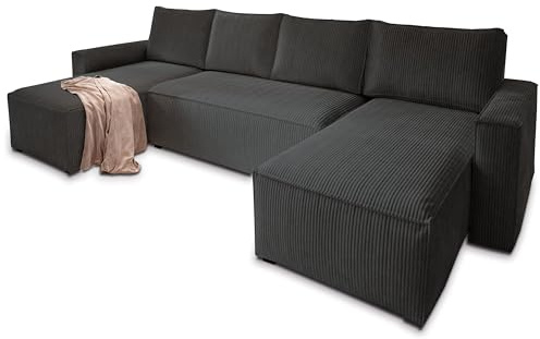 Masseno Ecksofa ASPRA mit Schlaffunktion U-Form, Sofa mit Bettkasten, Wohnzimmersofa, Couch, Soffa, Bettsofa, Couchgarnitur- Schwarz, POSO 135