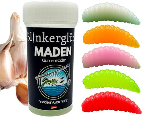 Blinkerglück Kunstmaden – 10 Stück 4 cm weiche Maden mit Knoblauch-Aroma in wiederverschließbarer Dose für Friedfisch, Karpfen & Forelle (Farbmix)