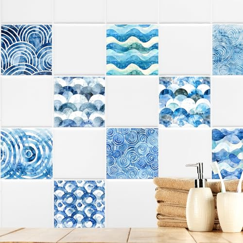 GRAZDesign Fliesenaufkleber Bad Set Maritim, Selbstklebende Klebefliesen, Wasserresistente Fliesenfolie, Einfach Anzubringen blau - 15x15cm / 20 Stück