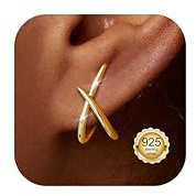 Diamday Pendientes Mujer Oro Pendientes Plata de Ley 925 Hipoalergénico Para Oídos Sensibles Forma Minimalista X Con Pequeñas Circonitas Pendiente De Moda Joyería