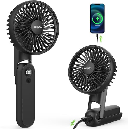 EasyAcc Portable Handheld Fan for Travel with 5000mAh Up to 32Hours- Digital Display & 5 Speeds/lanyard 180°Foldable Rechargeable Battery Cooling Fan USB C Mini Hand Held for Outdoor Travel Makeup