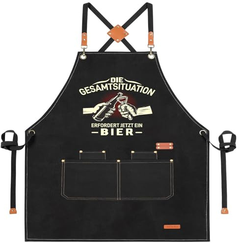 XCSJKJ Grillschürze für Männer Kochschürze Herren Schürze lustig, Grill schürze für Männer küchenschürze Herren personalisiert mit 4 Taschen ERFORDERT JETZT EIN BIER