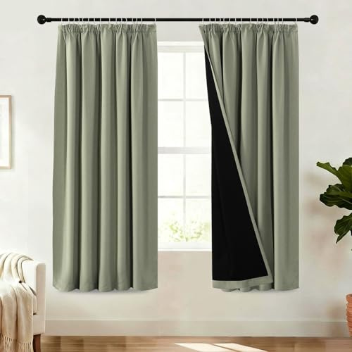 BellaHills 100% Blackout Curtains for Bedroom Thermal Insulated Curtains & Drapes for Living Room Black out Window Curtain with Hooks Pencil Pleat Back Tab Rod Pocket 2 Panels, W66 X L72, Light Sage